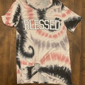 Women's Pink Tie Dyed BLESSED Graphic Tee Shirt Size Small Cinch Bottom